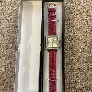 Red Leather Strap Watch with Silver Accents